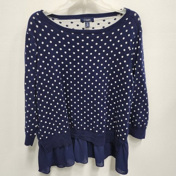 Chaps Sweaters - Chaps Blue Polka Dot Mock Layered Chiffon Hem Pullover Sweater Size 2X